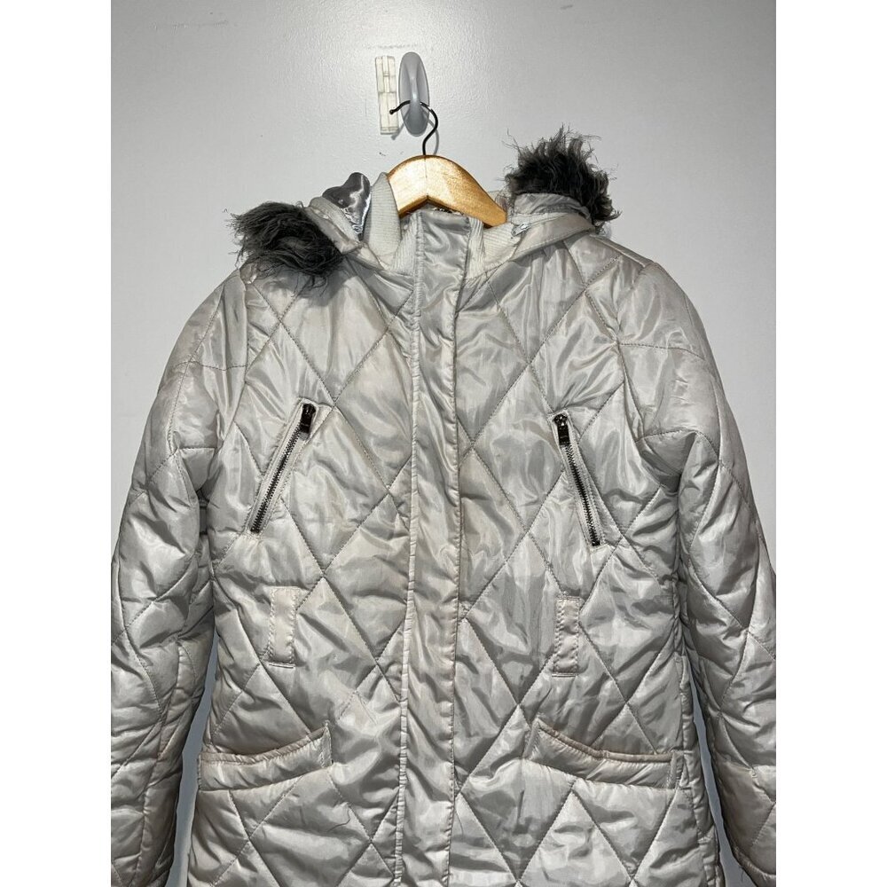 DKNY Quilted Silver Hooded Coat W/ Faux Fur Trim & Pockets Women's Size XL - Picture 2 of 8